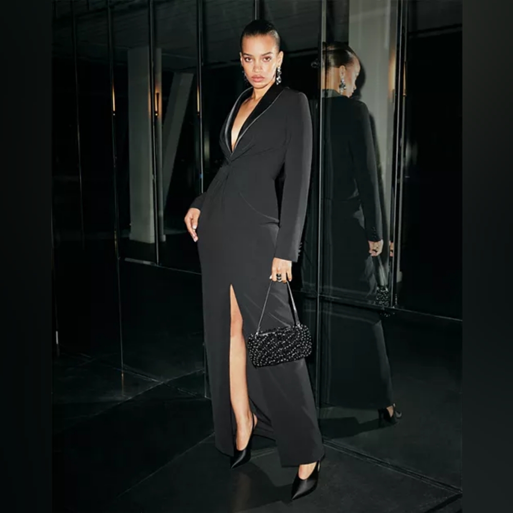 Ralph Lauren Crepe Long-Sleeve Gown Dress Women's 14/16 Tuxedo Black Tie Formal - Picture 4 of 8
